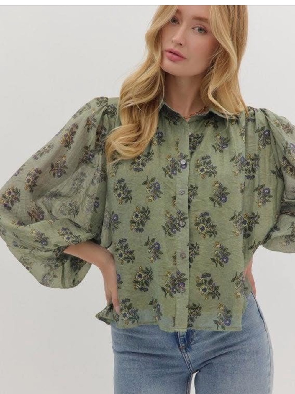 entro Olive Green Floral Pintuck Balloon-Sleeve Button Down